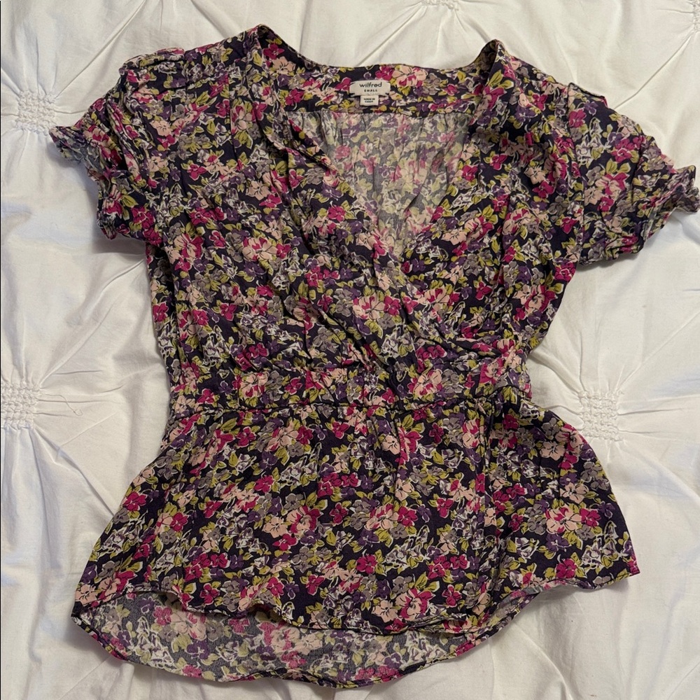 Wilfred Purple Floral Wrap Blouse with Pink & Cream Accents